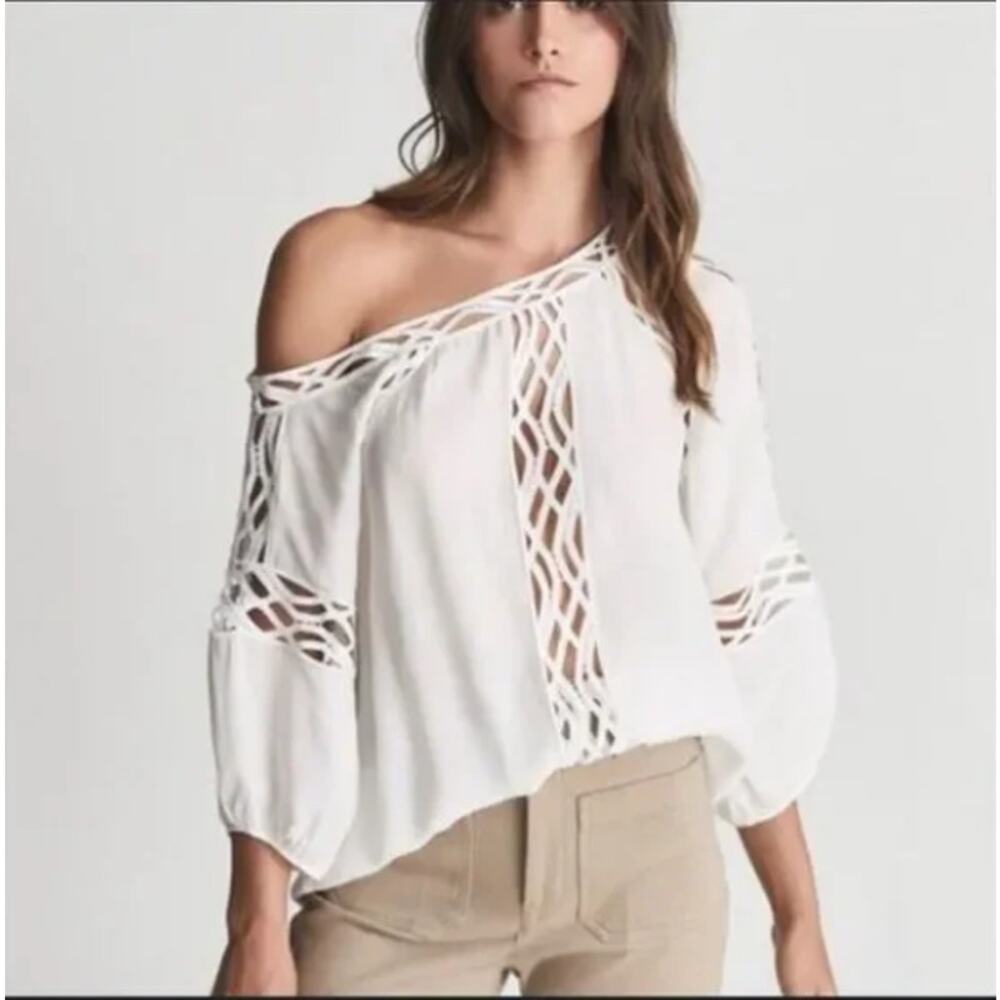 Reiss Leena One Shoulder Balloon Sleeve Top Ivory Lace Cutouts‎ 4